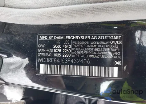 2003 Mercedes-Benz C 320 Sport from USA, damaged, VIN WDBRF84J63F432406